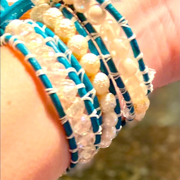 Triple wrap bracelet turquoise leather with pearls - Picture 7 of 7